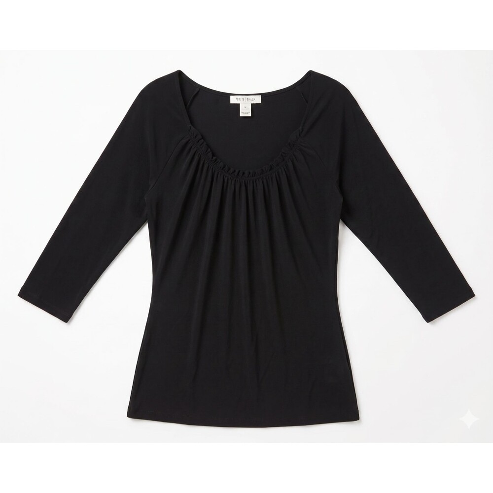 Women's Black Ruched-Front Neck Stretch Pullover Blouse 3\4Sleeves Size M Formal
